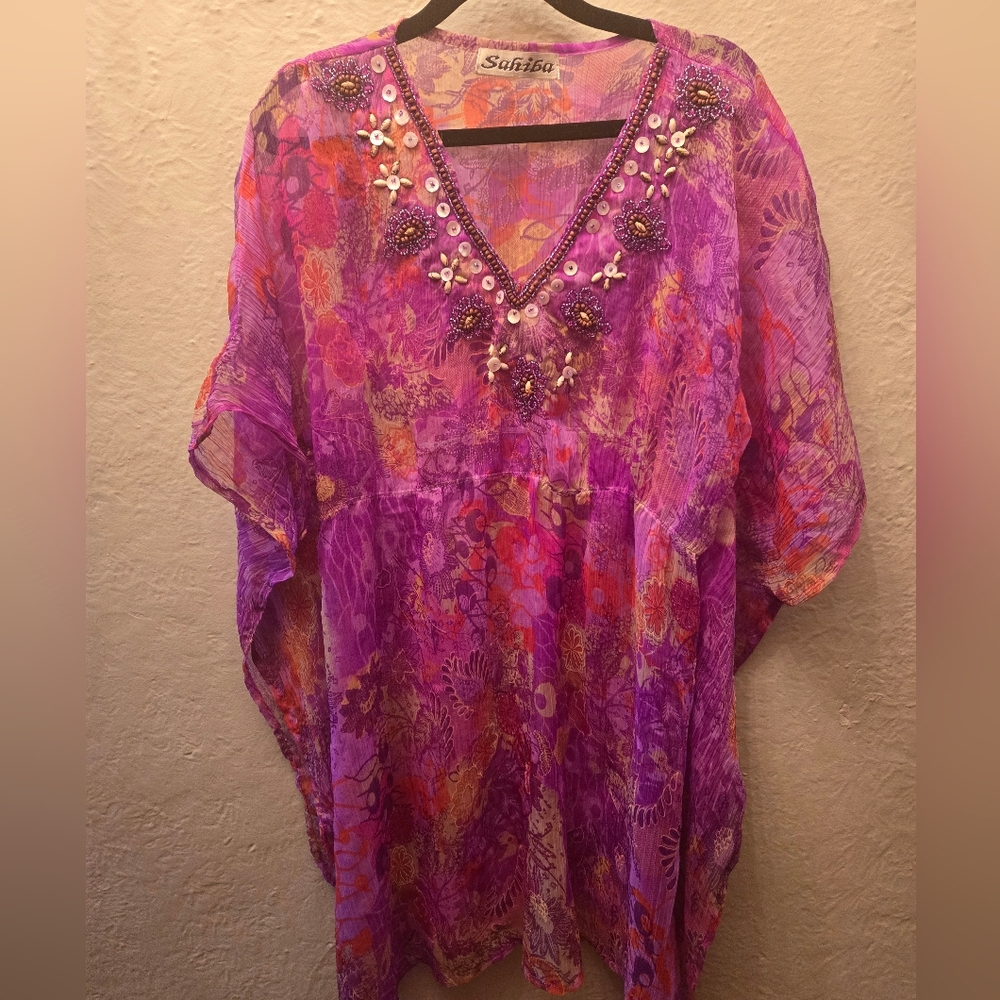 Vintage Boho Silk Beaded Kaftan Top  Sahiba Sheer Embellished Tunic
